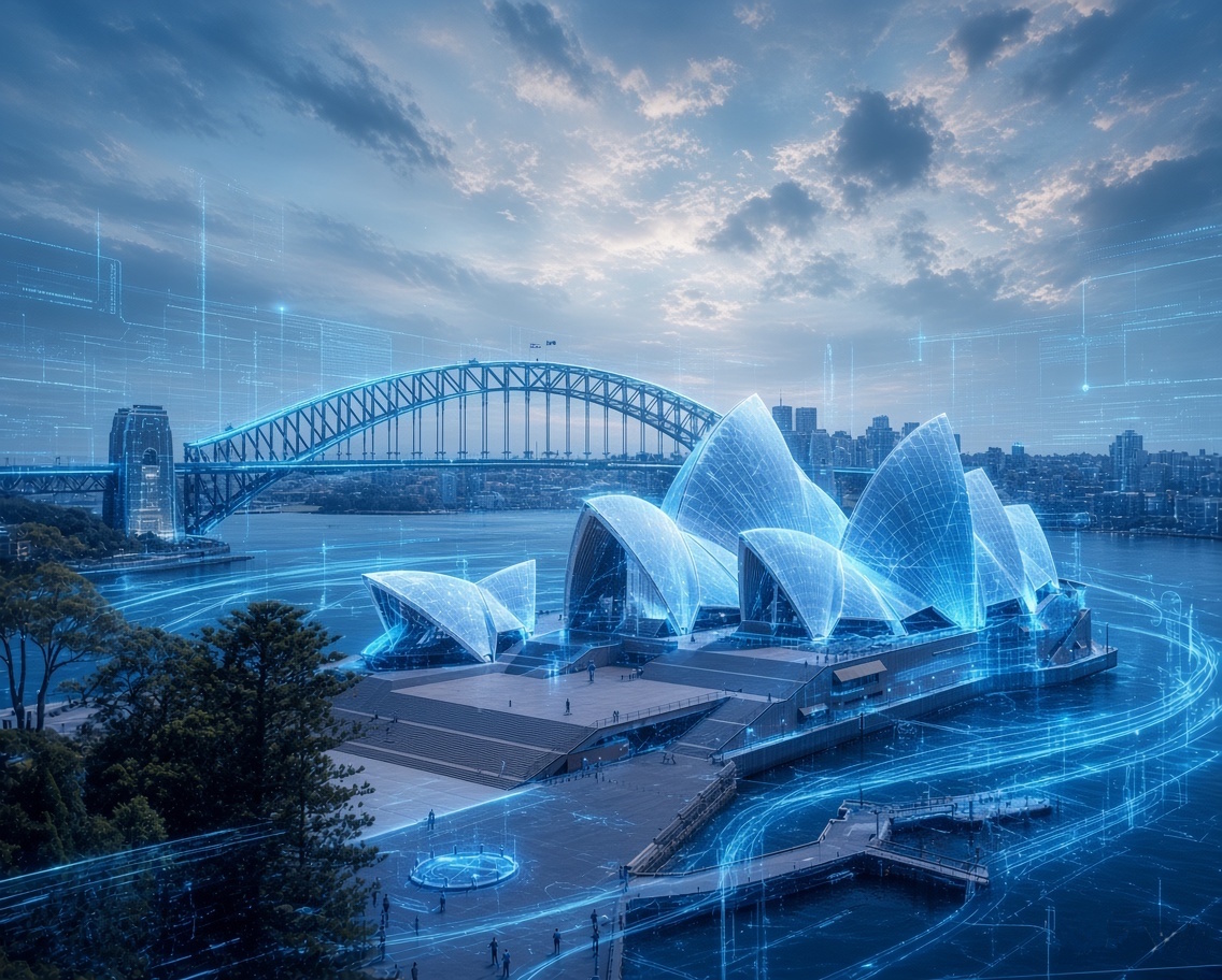 Futuristic view of Sydney Harbour Bridge and Sydney Opera House